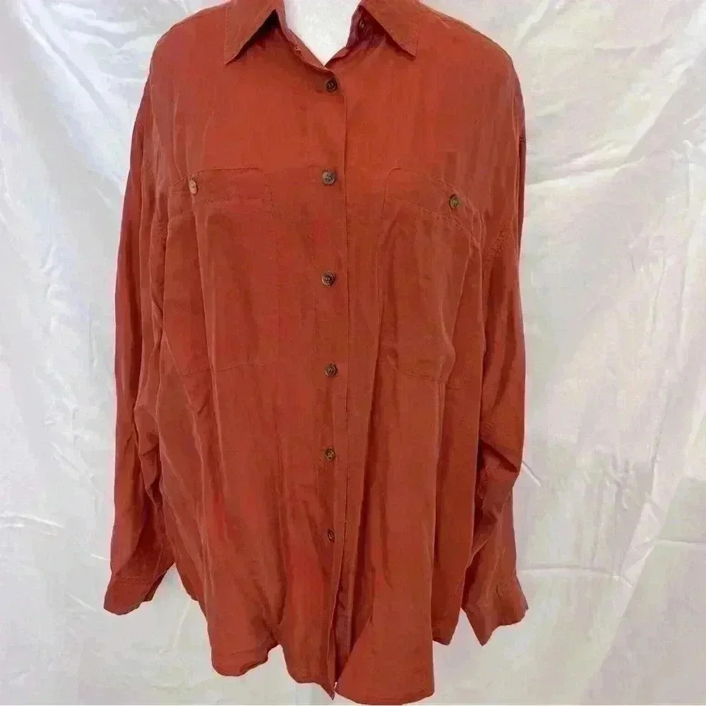 *Rare* 80’s/90’s Vintage Express silk burnt orange blouse. - Picture 2 of 12